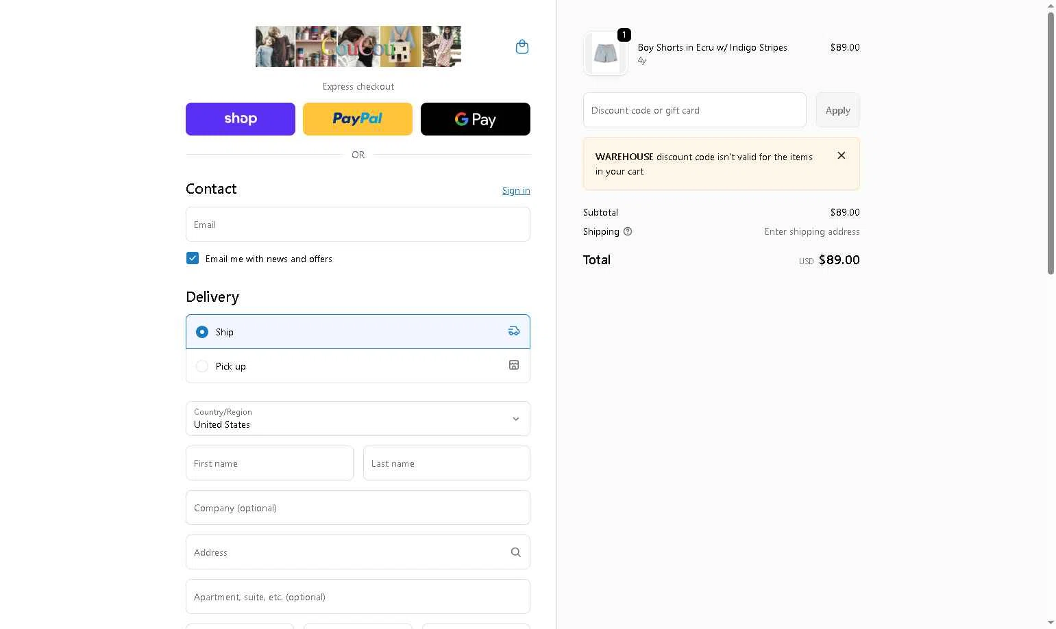 CouCou checkout page showing CouCou discount code box | Screenshot taken by SimplyCodes community member on Feb 10, 2026