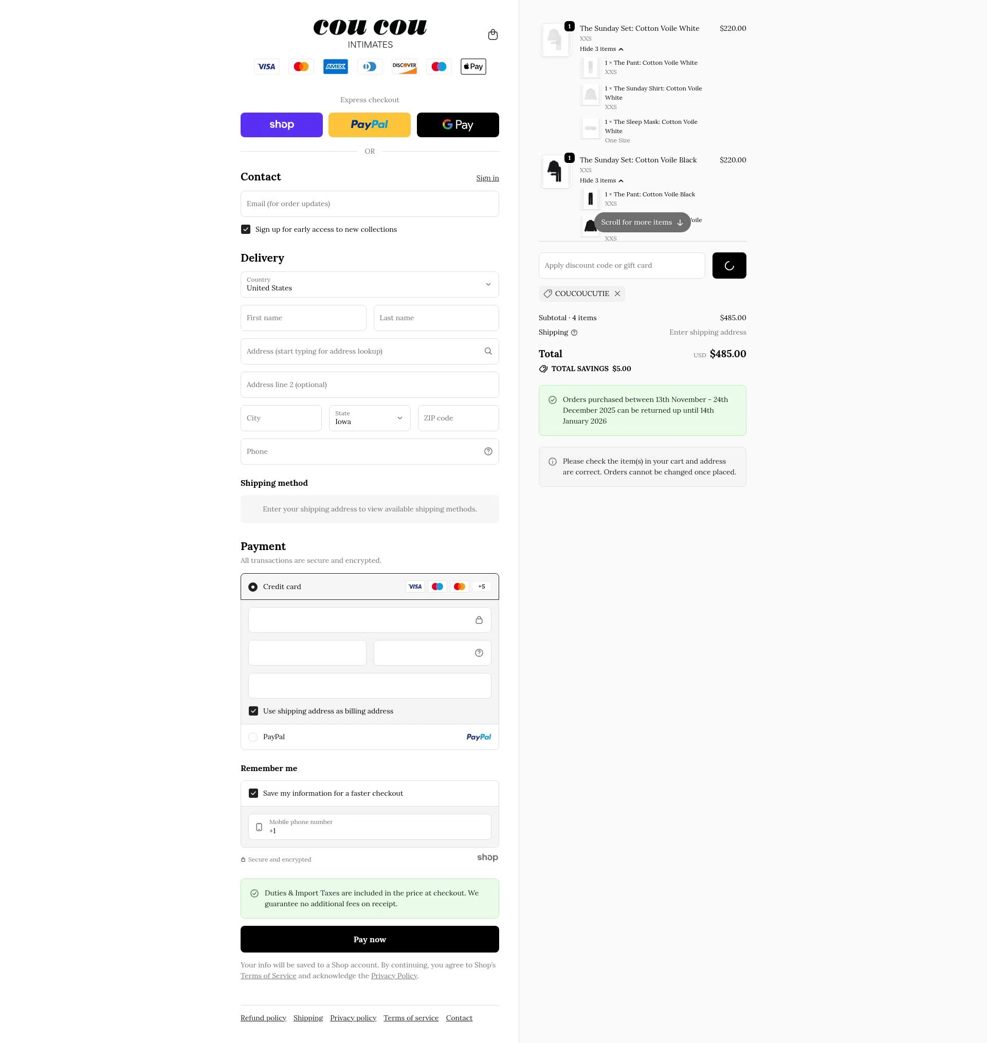 Cou Cou Intimates checkout page showing Cou Cou Intimates discount code box | Screenshot taken by SimplyCodes community member on Jan 3, 2026