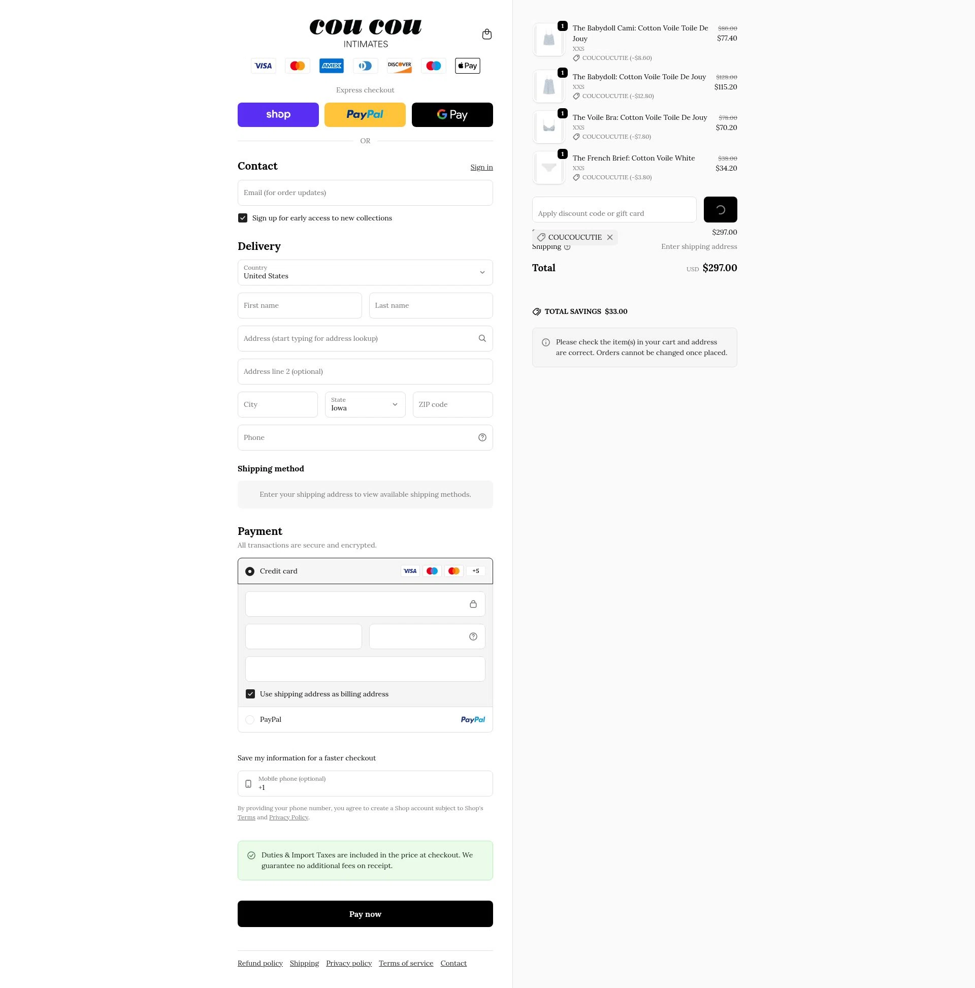 Cou Cou Intimates checkout page showing Cou Cou Intimates discount code box | Screenshot taken by SimplyCodes community member on Feb 10, 2026