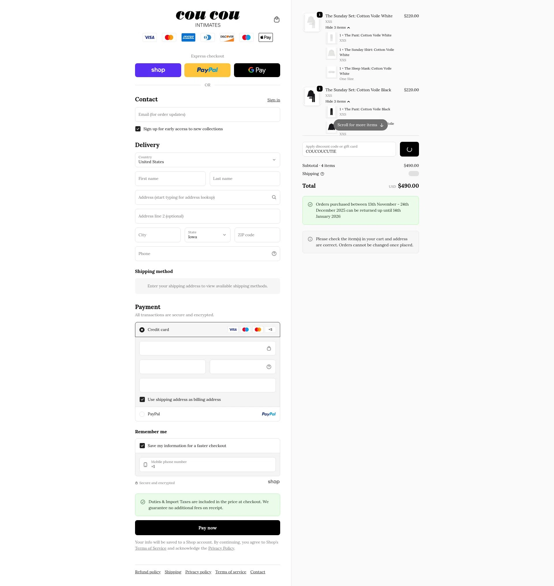 Cou Cou Intimates checkout page showing Cou Cou Intimates discount code box | Screenshot taken by SimplyCodes community member on Dec 29, 2025