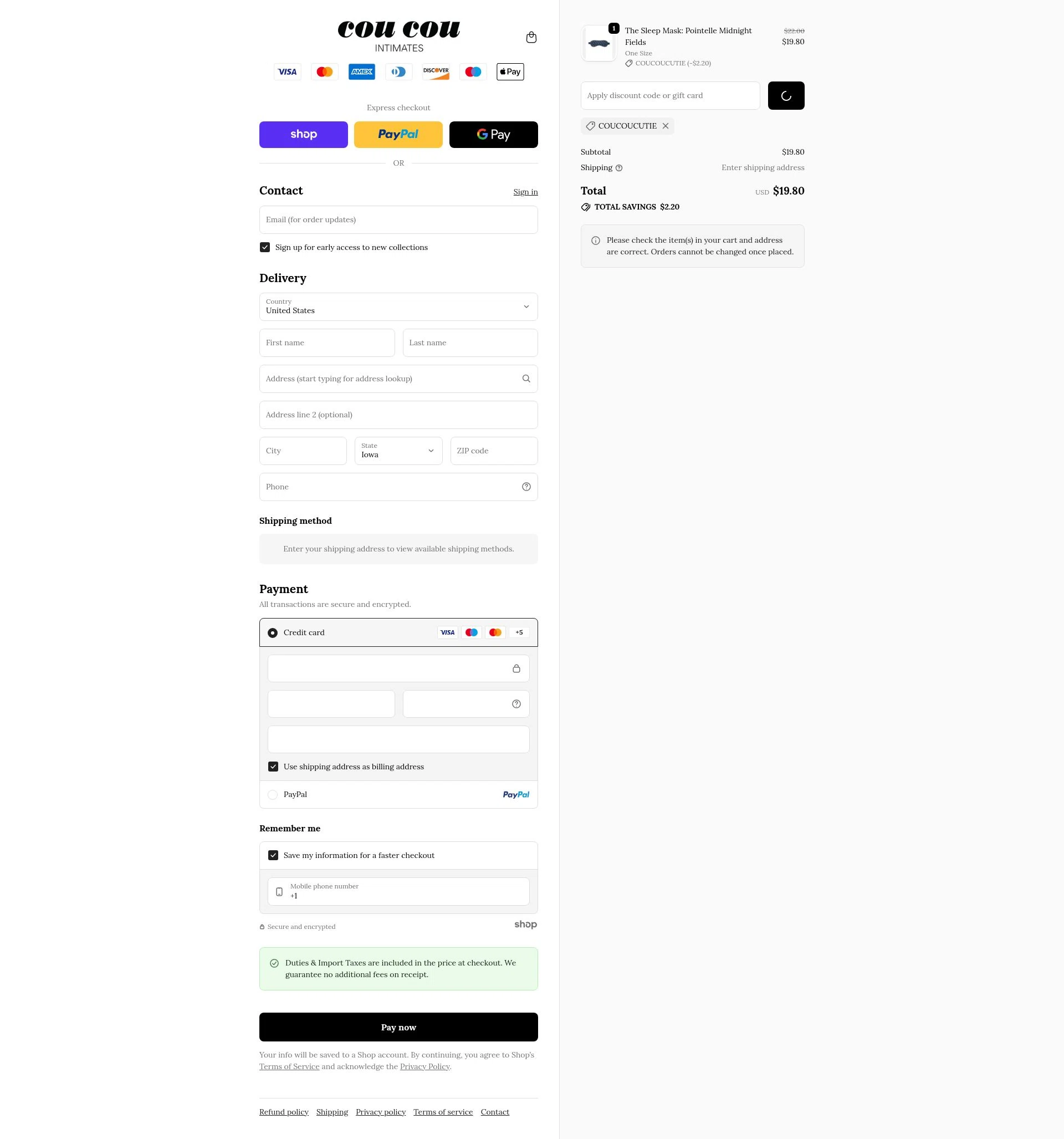 Cou Cou Intimates checkout page showing Cou Cou Intimates discount code box | Screenshot taken by SimplyCodes community member on Jan 23, 2026