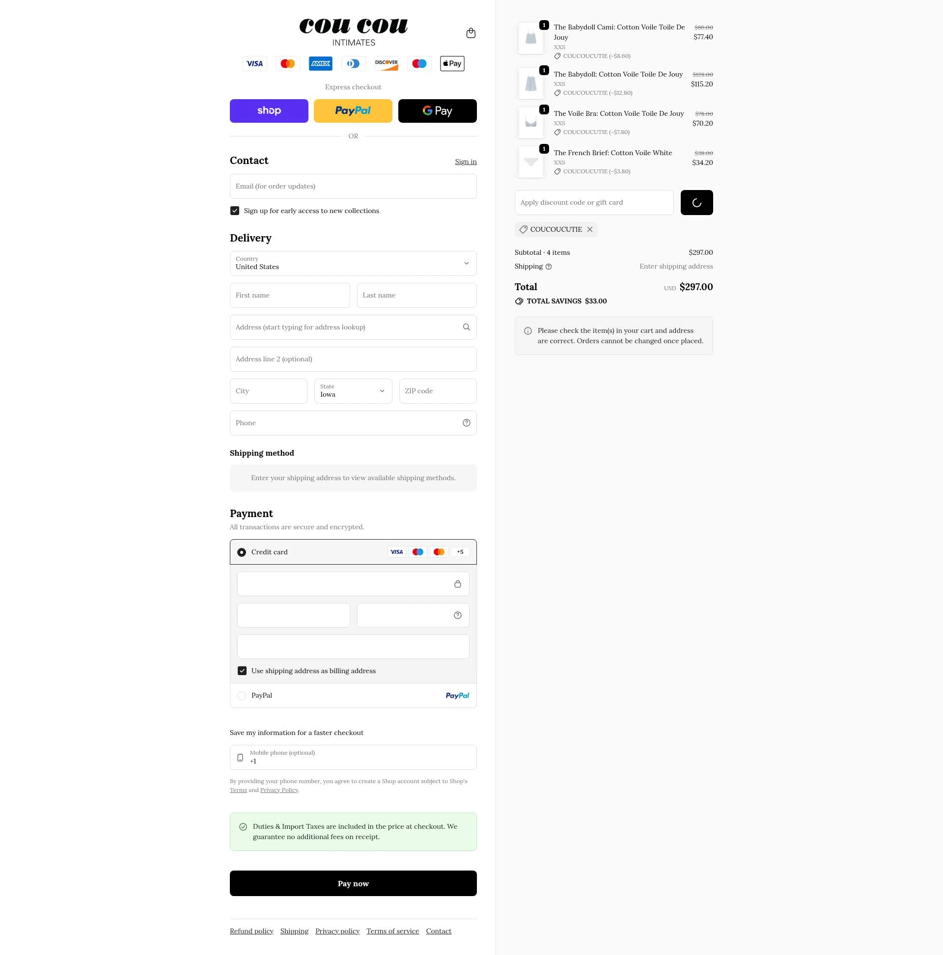 Cou Cou Intimates checkout page showing Cou Cou Intimates discount code box | Screenshot taken by SimplyCodes community member on Feb 18, 2026