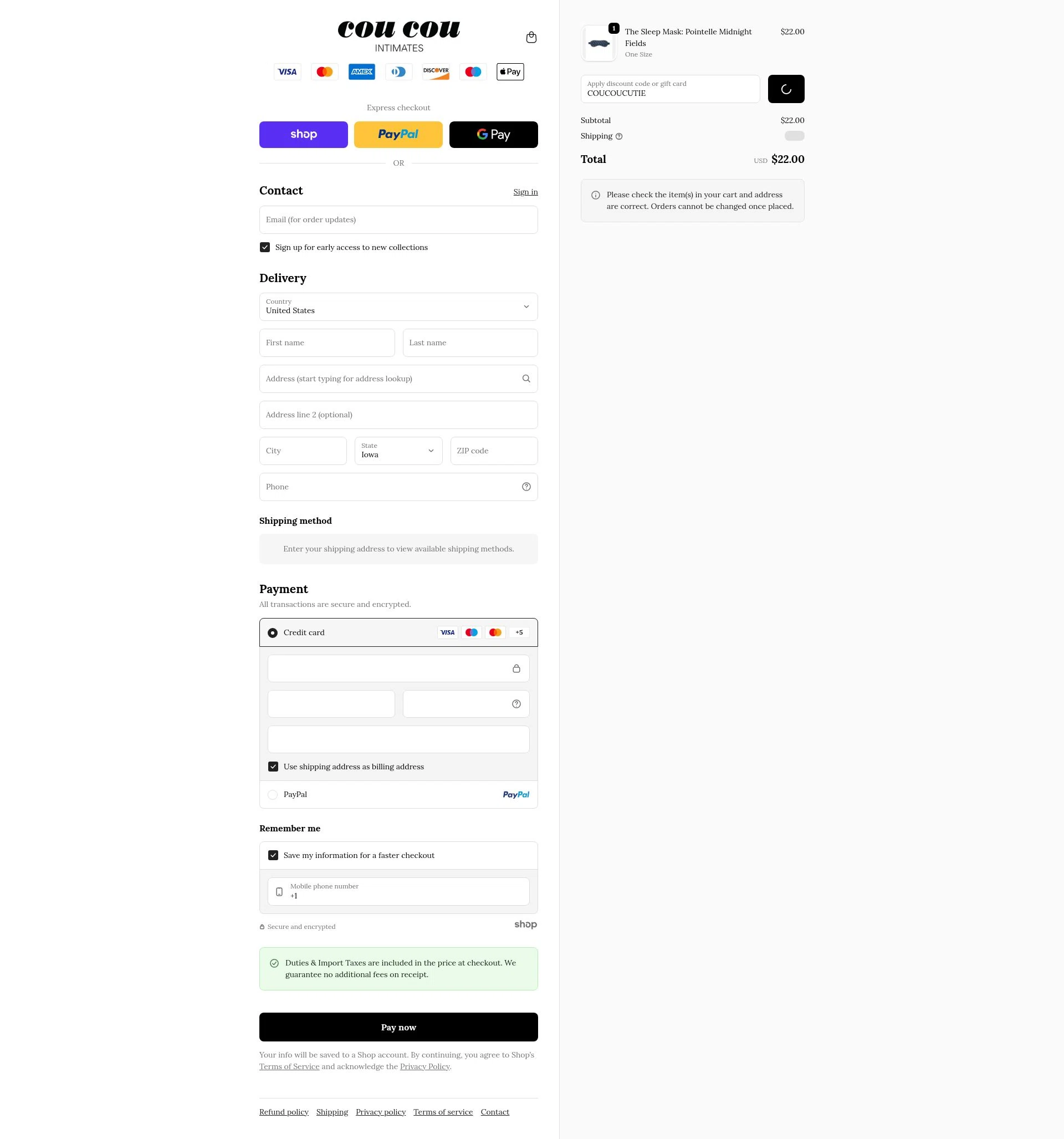 Cou Cou Intimates checkout page showing Cou Cou Intimates discount code box | Screenshot taken by SimplyCodes community member on Jan 28, 2026