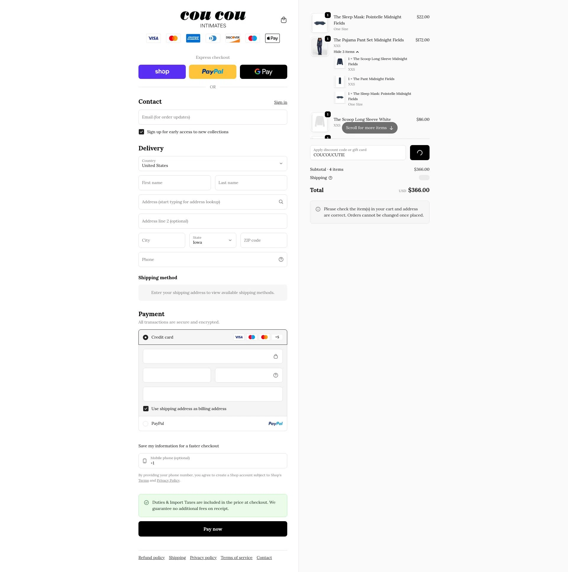 Cou Cou Intimates checkout page showing Cou Cou Intimates discount code box | Screenshot taken by SimplyCodes community member on Jan 8, 2026