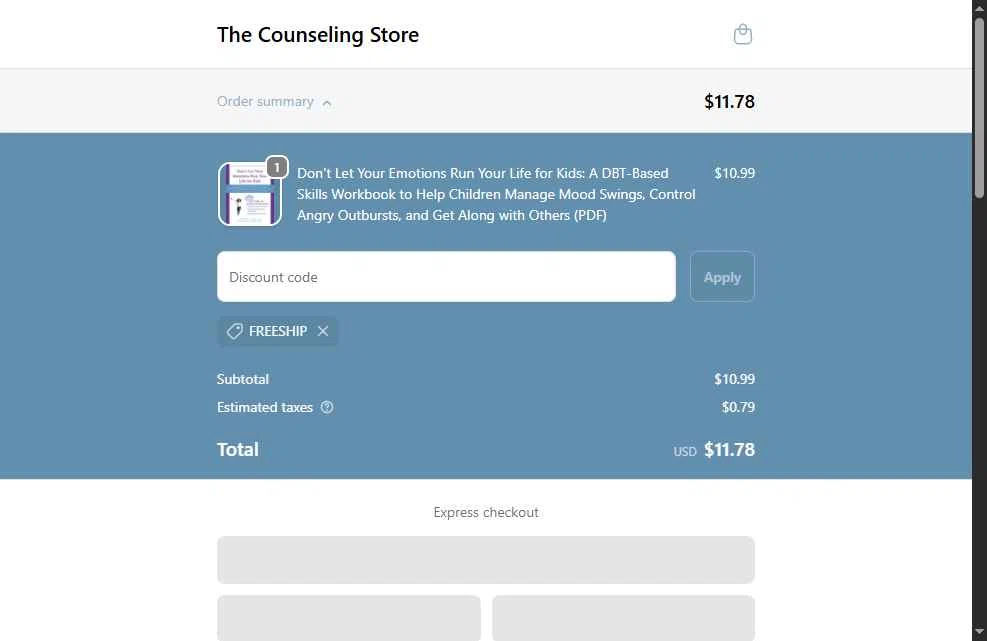 The Counseling Store checkout page showing The Counseling Store promo code box | Screenshot taken by SimplyCodes community member on Feb 10, 2026