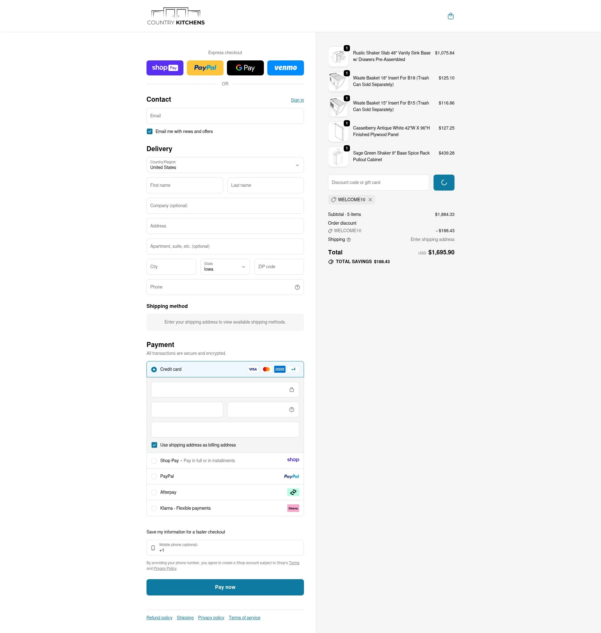 Country Kitchens checkout page showing Country Kitchens promo code box | Screenshot taken by SimplyCodes community member on Jan 10, 2026