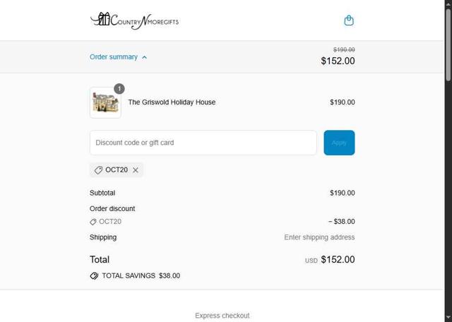Country N More Gifts checkout page showing Country N More Gifts coupon code box | Screenshot taken by SimplyCodes community member on Sep 12, 2025