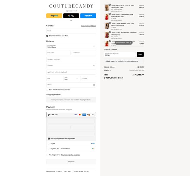 Couture Candy checkout page showing Couture Candy discount code box | Screenshot taken by SimplyCodes community member on Aug 27, 2025