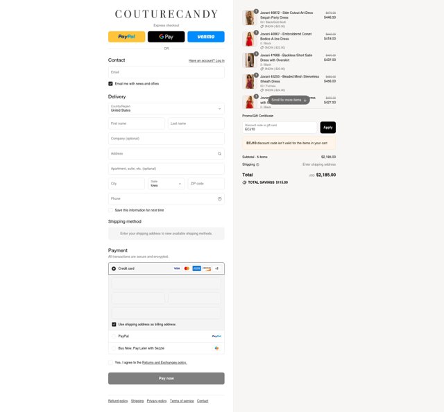 Couture Candy checkout page showing Couture Candy discount code box | Screenshot taken by SimplyCodes community member on Aug 27, 2025