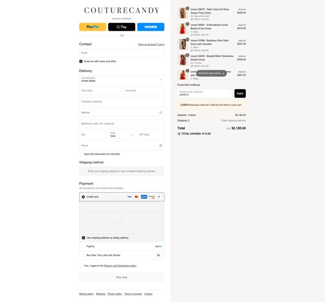 Couture Candy checkout page showing Couture Candy discount code box | Screenshot taken by SimplyCodes community member on Aug 27, 2025