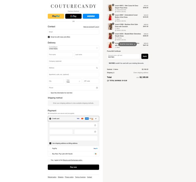 Couture Candy checkout page showing Couture Candy discount code box | Screenshot taken by SimplyCodes community member on Aug 27, 2025