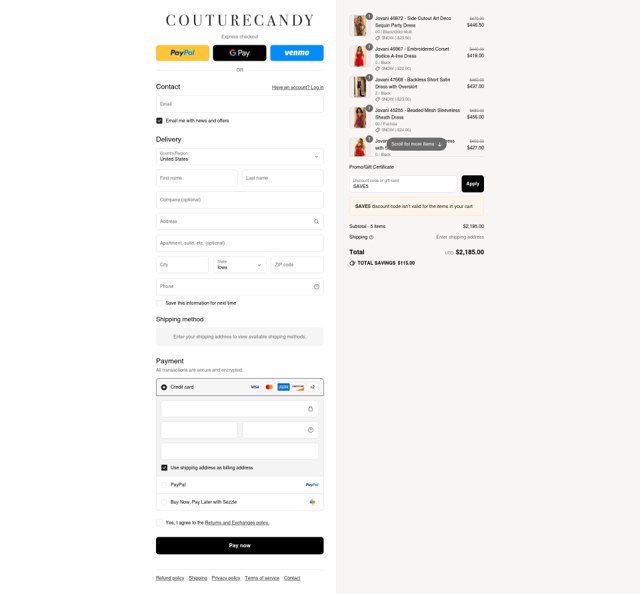 Couture Candy checkout page showing Couture Candy discount code box | Screenshot taken by SimplyCodes community member on Aug 27, 2025