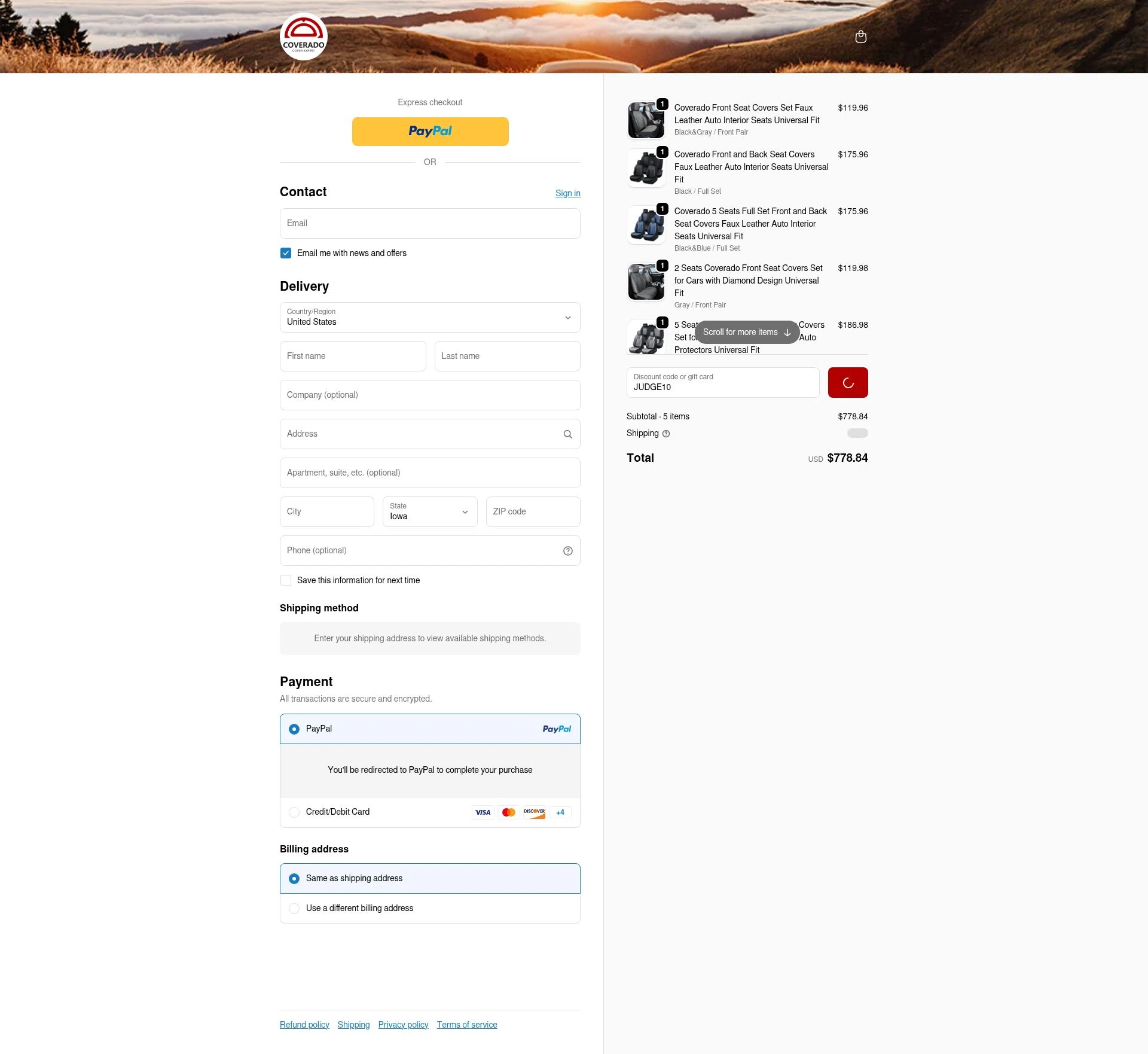Coverado checkout page showing Coverado promo code box | Screenshot taken by SimplyCodes community member on Feb 20, 2026