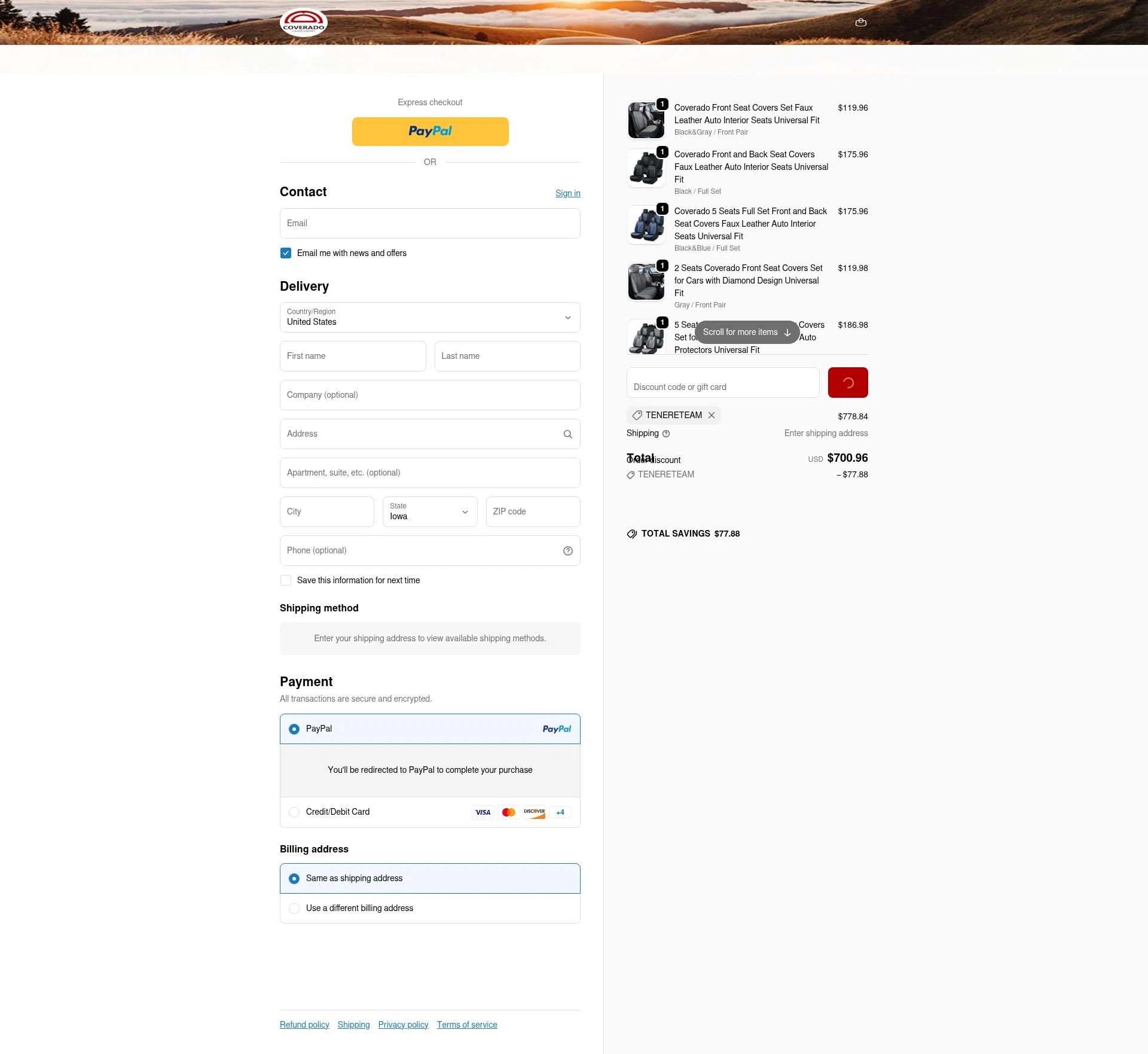 Coverado checkout page showing Coverado promo code box | Screenshot taken by SimplyCodes community member on Feb 20, 2026