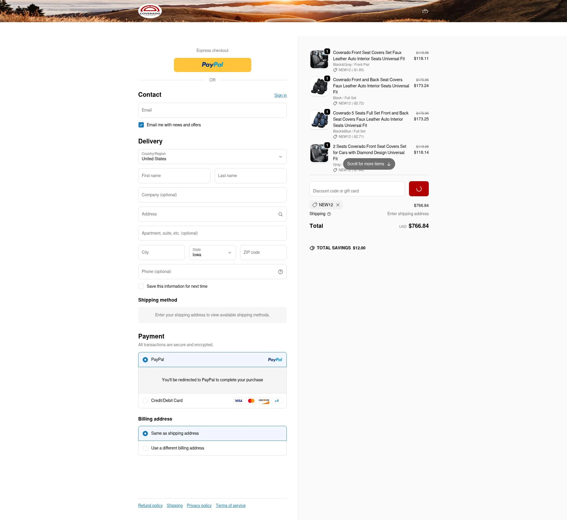 Coverado checkout page showing Coverado promo code box | Screenshot taken by SimplyCodes community member on Feb 20, 2026
