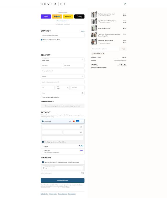 Cover FX checkout page showing Cover FX coupon code box | Screenshot taken by SimplyCodes community member on Sep 15, 2025