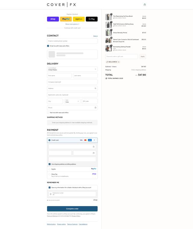 Cover FX checkout page showing Cover FX coupon code box | Screenshot taken by SimplyCodes community member on Sep 15, 2025