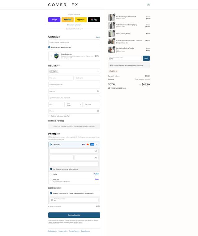 Cover FX checkout page showing Cover FX coupon code box | Screenshot taken by SimplyCodes community member on Sep 15, 2025