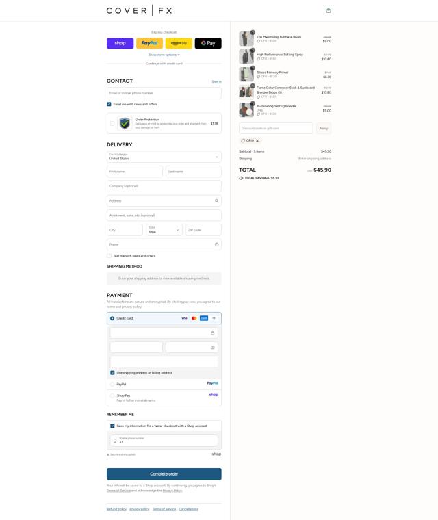 Cover FX checkout page showing Cover FX coupon code box | Screenshot taken by SimplyCodes community member on Sep 10, 2025