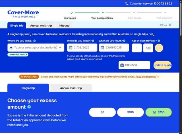 Cover-More checkout page showing Cover-More promo code box | Screenshot taken by SimplyCodes community member on Aug 9, 2025