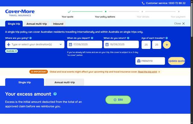 Cover-More checkout page showing Cover-More promo code box | Screenshot taken by SimplyCodes community member on Sep 15, 2025