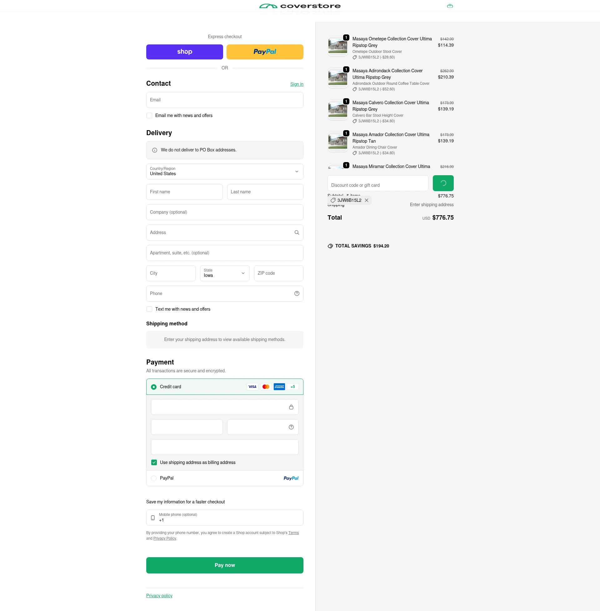 Coverstore checkout page showing Coverstore coupon code box | Screenshot taken by SimplyCodes community member on Feb 10, 2026