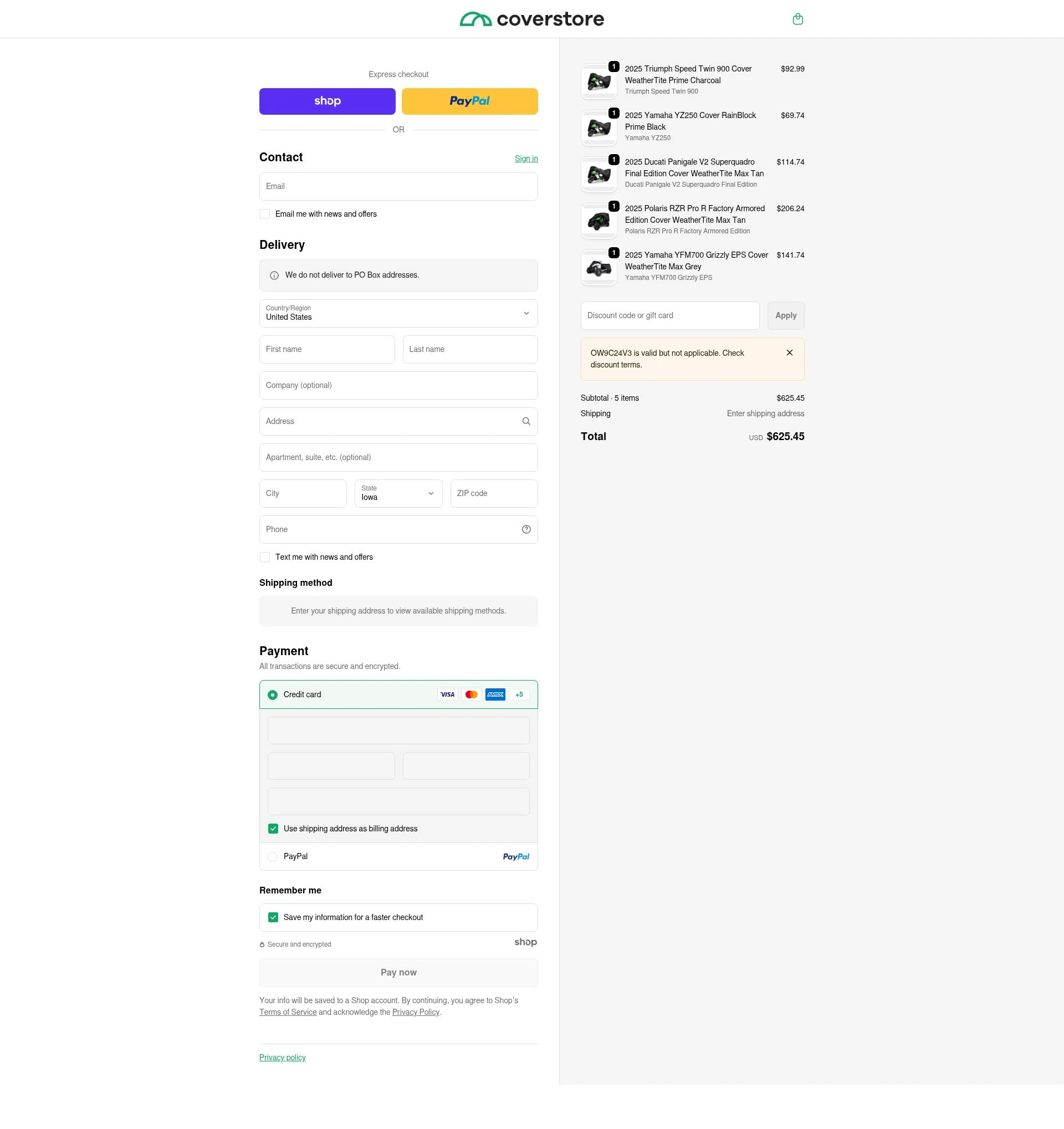 Coverstore checkout page showing Coverstore coupon code box | Screenshot taken by SimplyCodes community member on Dec 29, 2025