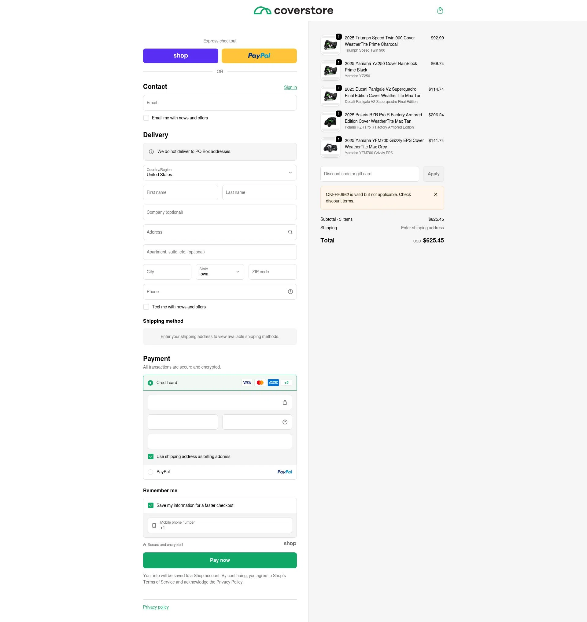 Coverstore checkout page showing Coverstore coupon code box | Screenshot taken by SimplyCodes community member on Dec 29, 2025