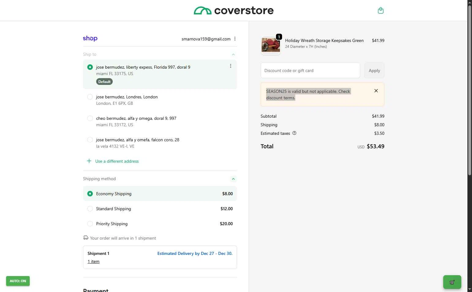 Coverstore checkout page showing Coverstore coupon code box | Screenshot taken by SimplyCodes community member on Dec 19, 2025