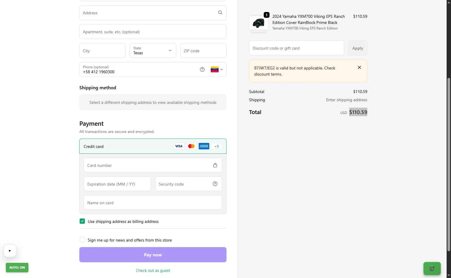 Coverstore checkout page showing Coverstore coupon code box | Screenshot taken by SimplyCodes community member on Jan 16, 2026