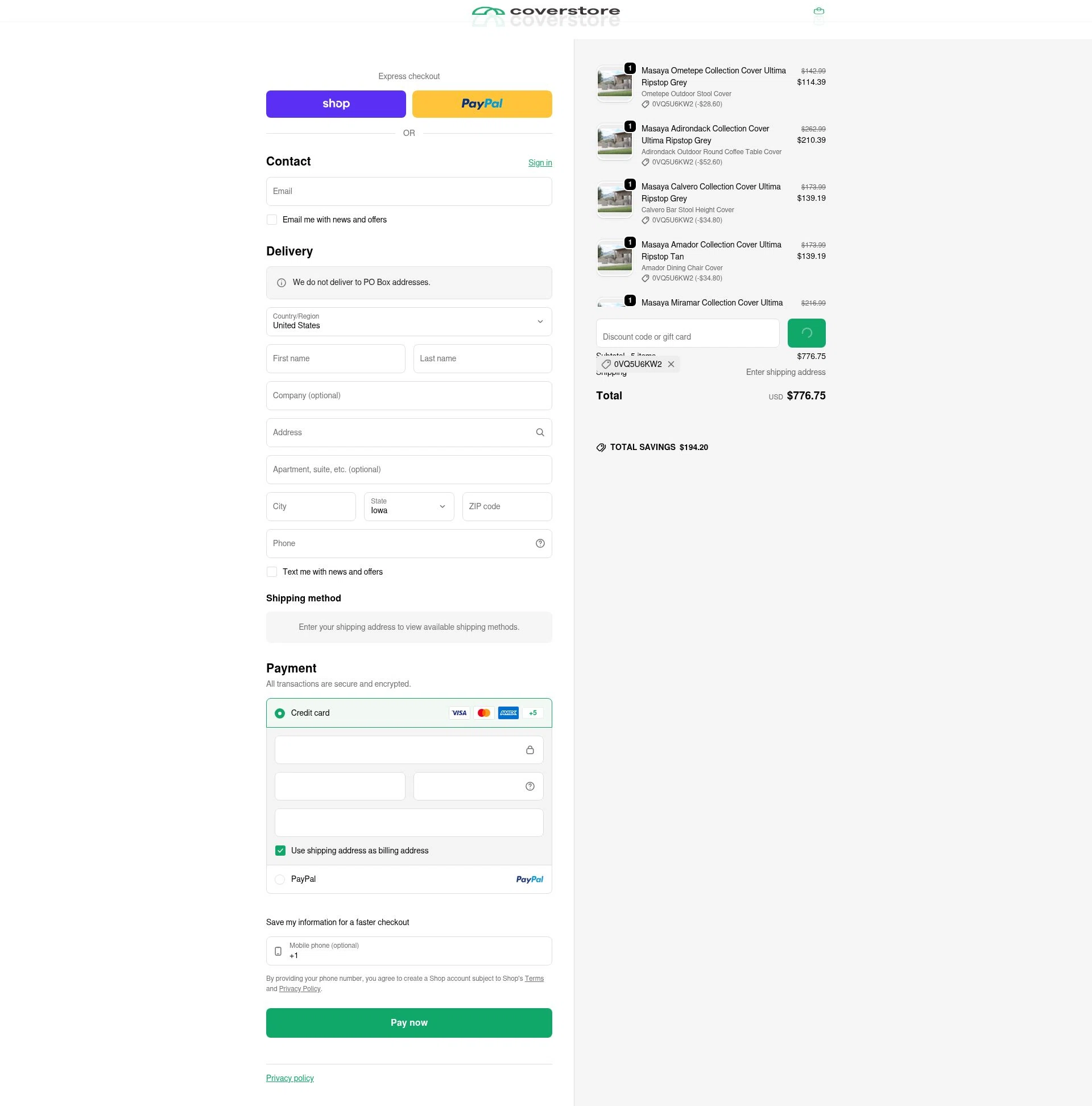 Coverstore checkout page showing Coverstore coupon code box | Screenshot taken by SimplyCodes community member on Jan 18, 2026