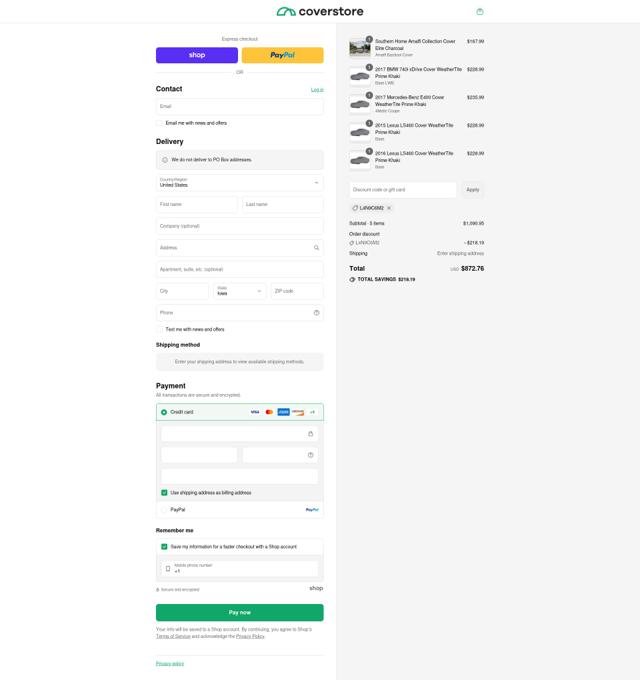 Coverstore checkout page showing Coverstore coupon code box | Screenshot taken by SimplyCodes community member on Sep 1, 2025