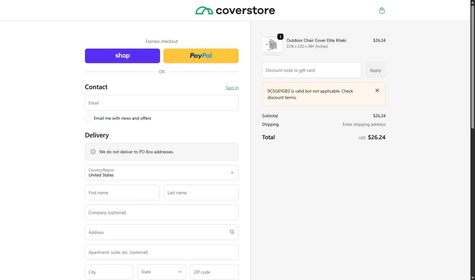 Coverstore checkout page showing Coverstore coupon code box | Screenshot taken by SimplyCodes community member on Jan 20, 2026