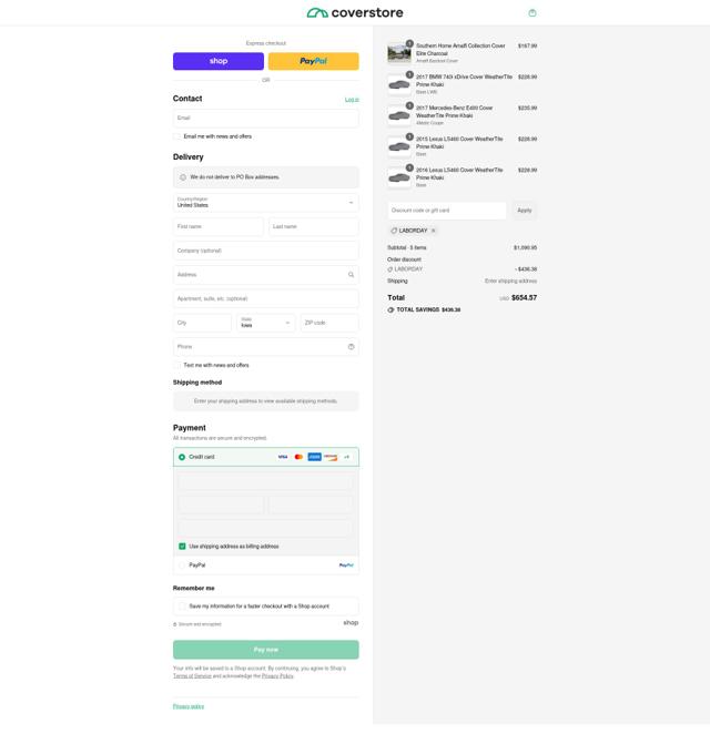 Coverstore checkout page showing Coverstore coupon code box | Screenshot taken by SimplyCodes community member on Sep 1, 2025