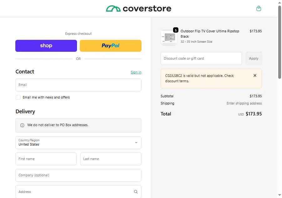 Coverstore checkout page showing Coverstore coupon code box | Screenshot taken by SimplyCodes community member on Jan 19, 2026