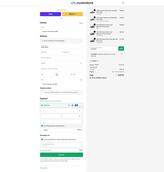 Coverstore checkout page showing Coverstore coupon code box | Screenshot taken by SimplyCodes community member on Oct 12, 2025