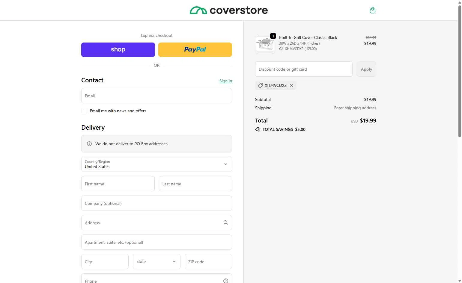 Coverstore checkout page showing Coverstore coupon code box | Screenshot taken by SimplyCodes community member on Feb 3, 2026