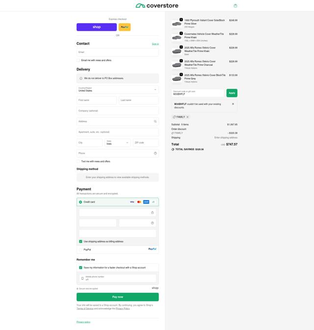 Coverstore checkout page showing Coverstore coupon code box | Screenshot taken by SimplyCodes community member on Oct 12, 2025