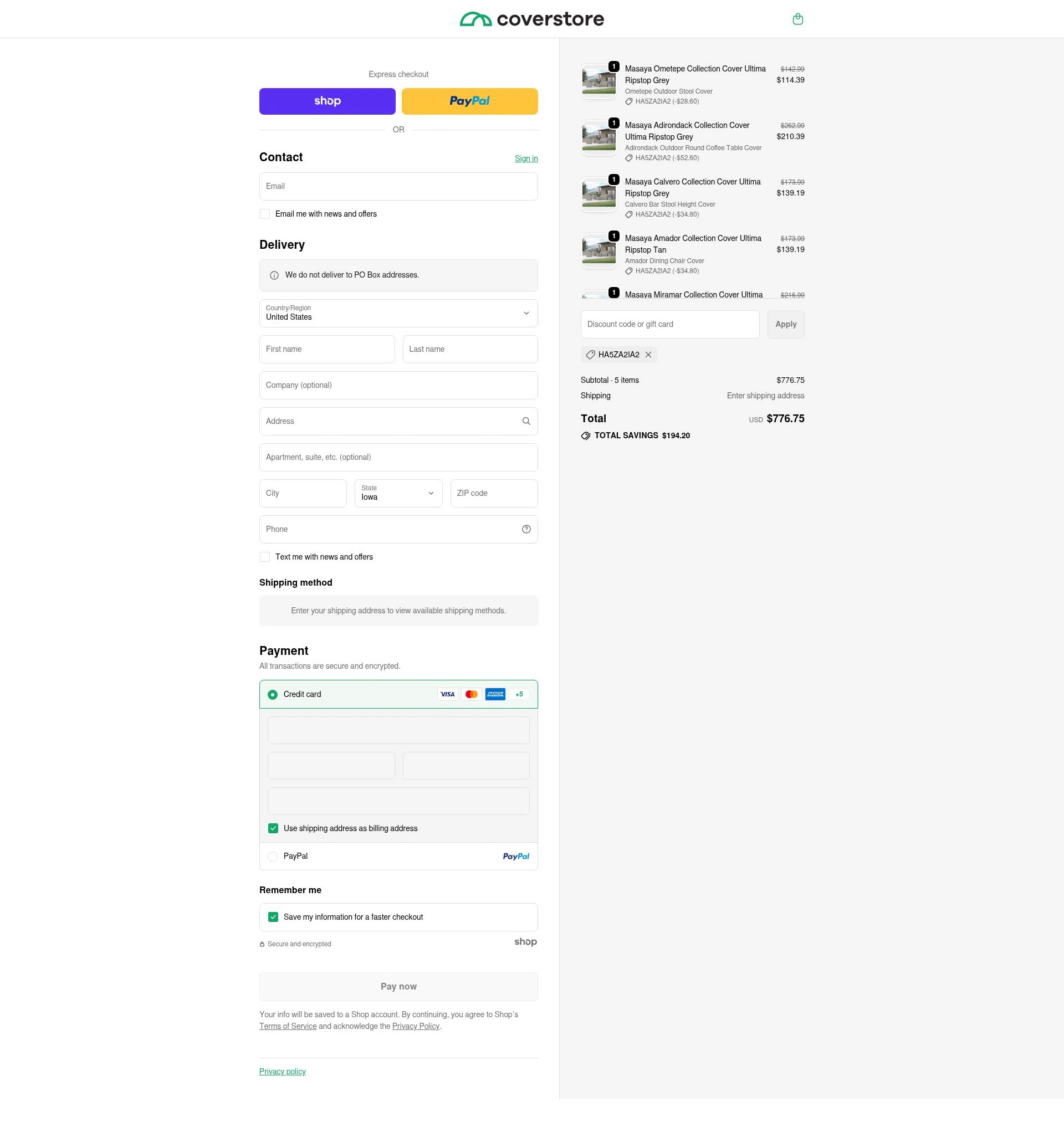 Coverstore checkout page showing Coverstore coupon code box | Screenshot taken by SimplyCodes community member on Jan 24, 2026