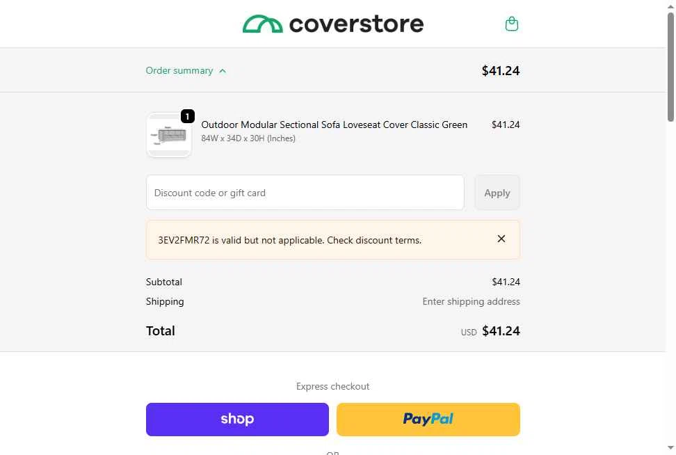 Coverstore checkout page showing Coverstore coupon code box | Screenshot taken by SimplyCodes community member on Jan 17, 2026