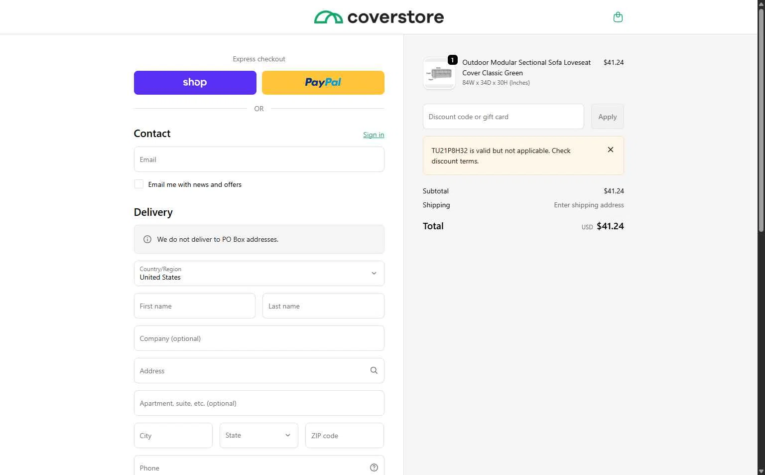 Coverstore checkout page showing Coverstore coupon code box | Screenshot taken by SimplyCodes community member on Feb 3, 2026