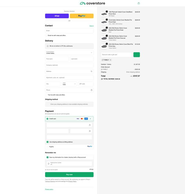 Coverstore checkout page showing Coverstore coupon code box | Screenshot taken by SimplyCodes community member on Oct 12, 2025