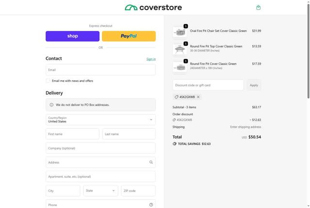 Coverstore checkout page showing Coverstore coupon code box | Screenshot taken by SimplyCodes community member on Sep 27, 2025