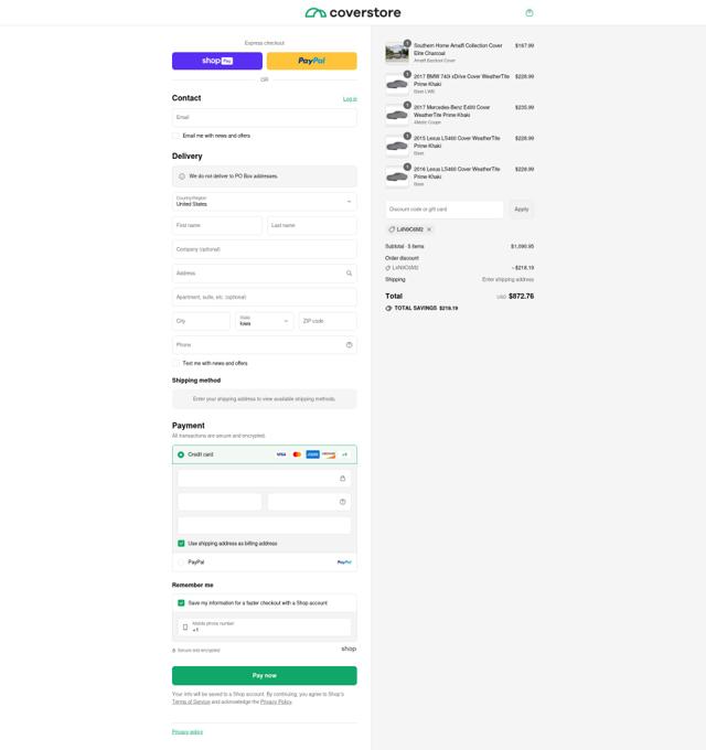 Coverstore checkout page showing Coverstore coupon code box | Screenshot taken by SimplyCodes community member on Aug 24, 2025