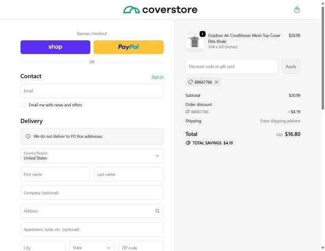 Coverstore checkout page showing Coverstore coupon code box | Screenshot taken by SimplyCodes community member on Sep 18, 2025