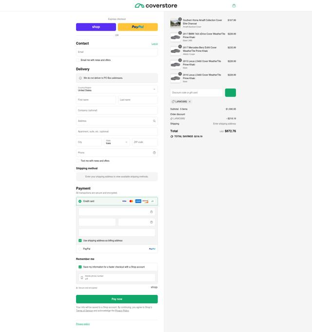 Coverstore checkout page showing Coverstore coupon code box | Screenshot taken by SimplyCodes community member on Sep 5, 2025