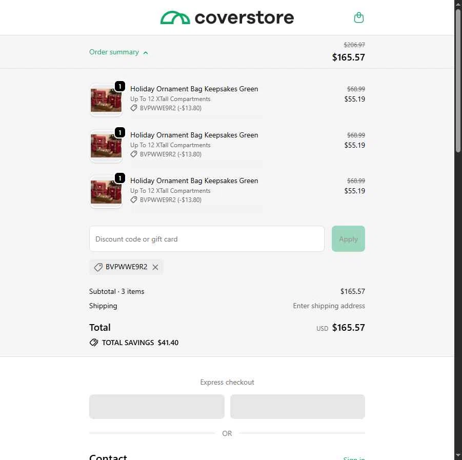 Coverstore checkout page showing Coverstore coupon code box | Screenshot taken by SimplyCodes community member on Dec 26, 2025