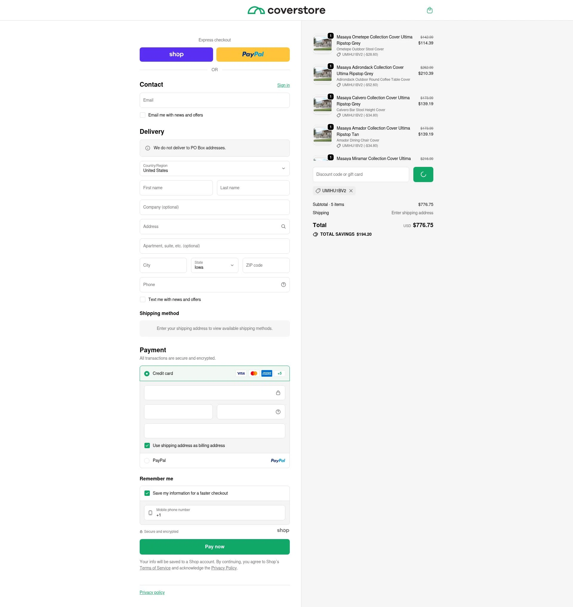Coverstore checkout page showing Coverstore coupon code box | Screenshot taken by SimplyCodes community member on Jan 16, 2026