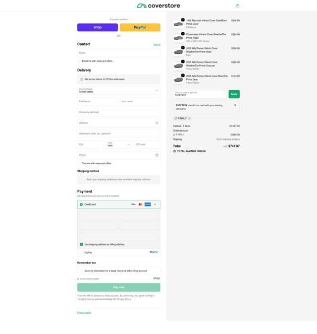 Coverstore checkout page showing Coverstore coupon code box | Screenshot taken by SimplyCodes community member on Oct 12, 2025