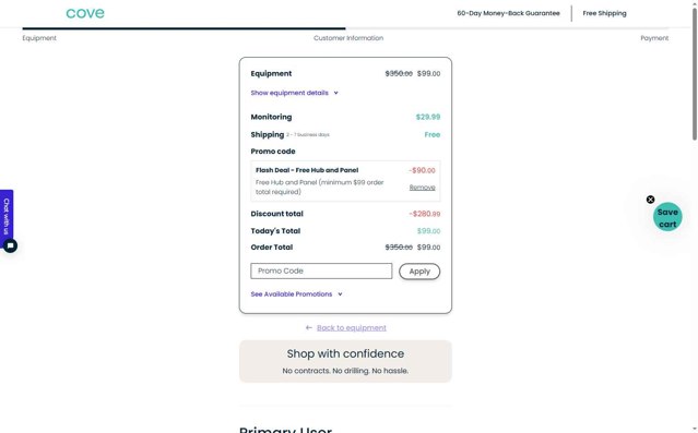 Cove Security checkout page showing Cove Security promo code box | Screenshot taken by SimplyCodes community member on Aug 23, 2025